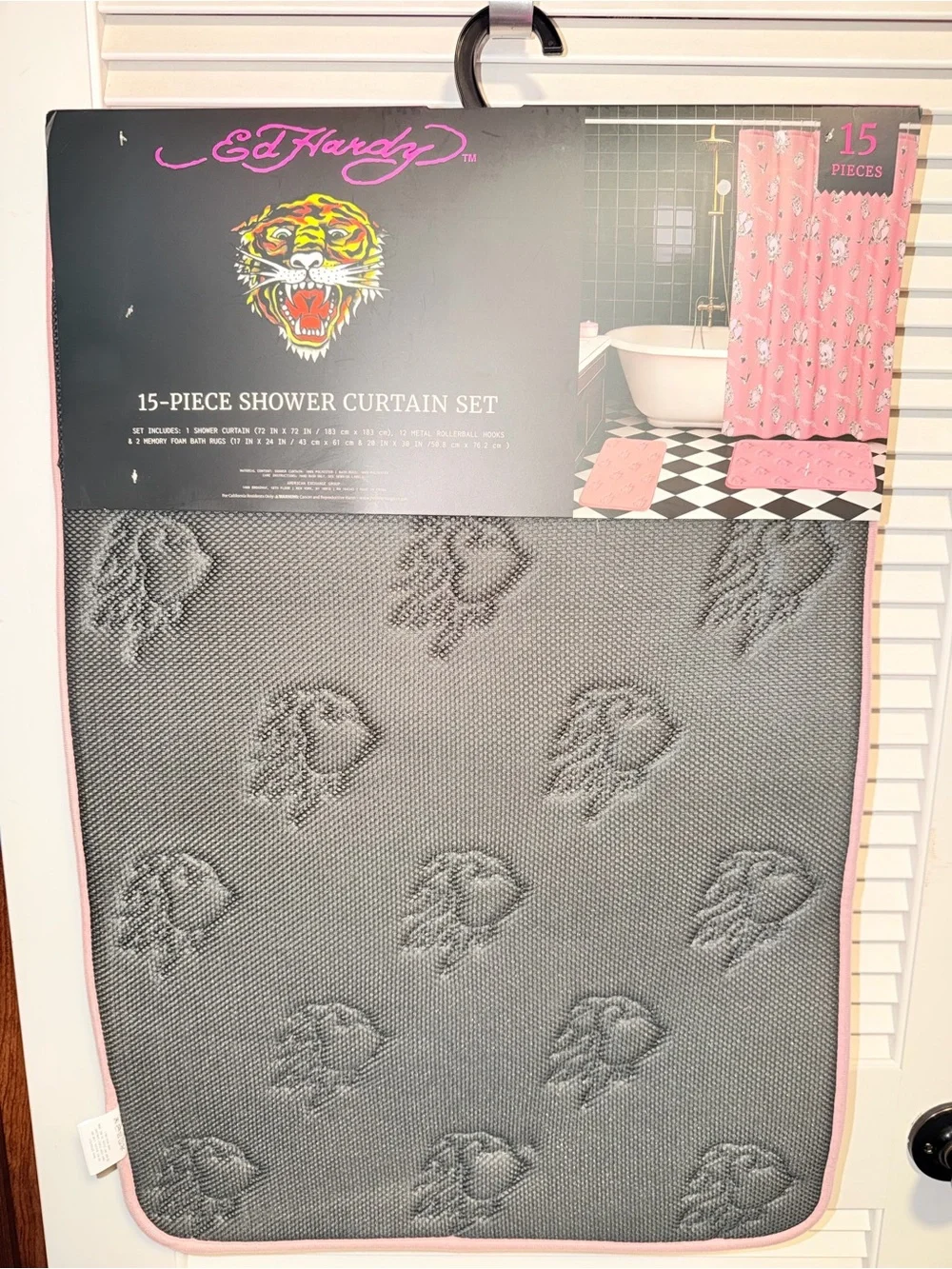 🐯Ed Hardy Pink 15-Piece Shower Curtain Set with Heart Tattoo 💖